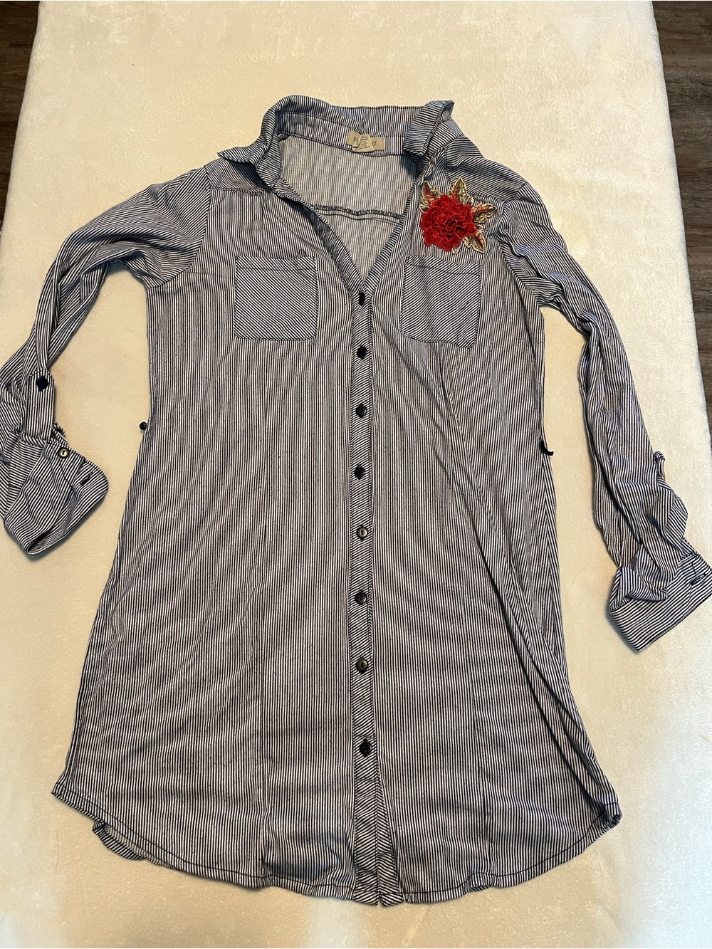 Striped Button-Front Women’s Shirt Dress with Red Floral Appliqué